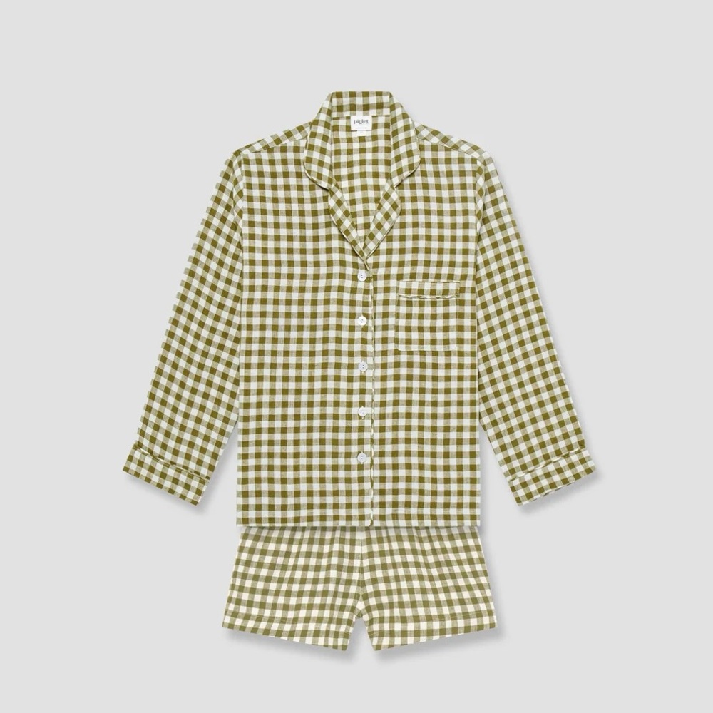 Piglet In Bed Botanical Green Gingham Linen Pajamas Shorts Set
